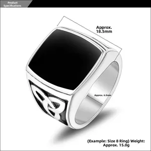 Detailed specs showing 18.5mm width and Celtic knot carving on men's black signet ring
