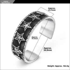 Detailed view of vintage star wide cuff bracelet with technical dimensions and weight specs