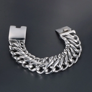 Wide silver stainless steel Cuban link bracelet for men with secure rectangular clasp