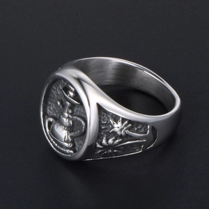 Vintage stainless steel signet ring for men featuring a detailed hookah pattern engraving