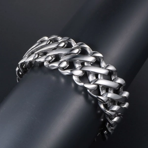 Polished silver stainless steel wide Cuban link bracelet for men in punk rock style