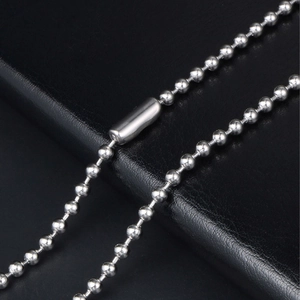 Polished titanium steel ball chain necklace with cylinder clasp on black leather