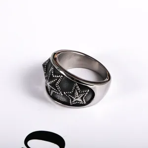 Vintage titanium steel ring with embossed stars and beaded edges for a rock aesthetic