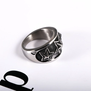 Vintage stainless steel ring with black oxidized five-point stars for a retro aesthetic