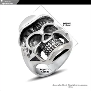 Dettaglio delle dimensioni dell'anello a teschio che mostra l'altezza di 21,8 mm e la fascia