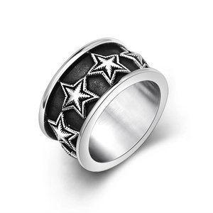 Vintage punk style wide titanium steel ring featuring continuous five-point star patterns