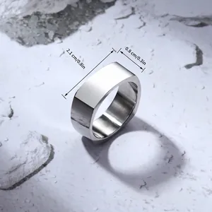 Minimalist silver wide band ring for men with polished square flat top and mirror finish