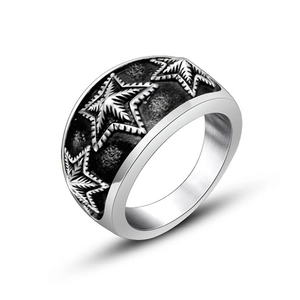 Vintage titanium steel ring for men with black oxide finish and pentagram star patterns