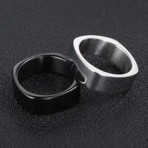 Minimalist square geometric rings for men in black and silver polished stainless steel