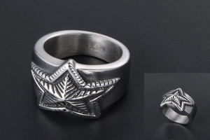 Detail shot of vintage stainless steel wide band ring with a large star pattern engraving