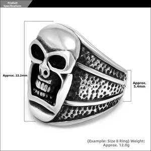 Détails de la bague tête de mort punk montrant la hauteur de 22,2 mm et la largeur de 5,4 mm