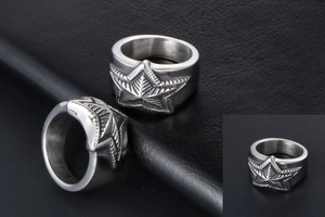 Detailed side and front view of a retro stainless steel ring with a large star motif