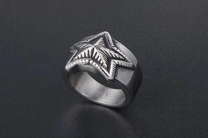 Detailed view of silver stainless steel ring featuring a 3D star with radial texture