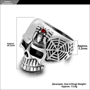 Detailed specs showing skull ring dimensions 24.3mm height and spider ruby detail