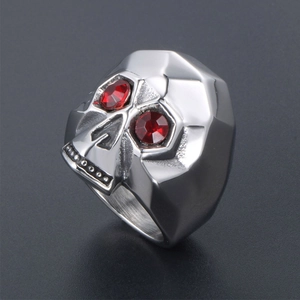 Gothic skull ring for men in silver stainless steel with deep red crystal eyes