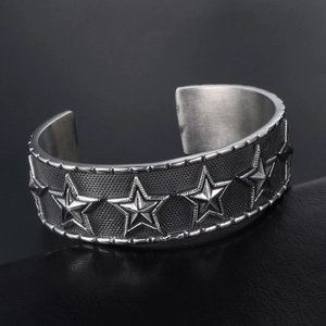 Retro stainless steel open cuff bracelet with pentagram stars in vintage silver finish