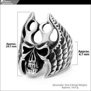 Detailed macro view showing the 24.1mm height and 4.7mm width of the gothic skull ring