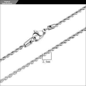 Macro detail of 2.4mm silver twist chain necklace with secure lobster clasp closure