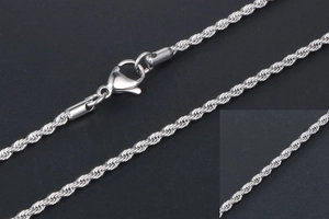 Macro shot of silver stainless steel twisted rope chain with a durable lobster clasp