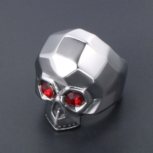 Vintage skull ring for men with geometric facets and red gemstone eyes in silver steel