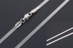 Macro shot of silver flat snake chain texture with secure lobster clasp and width detail