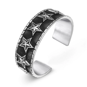 Retro stainless steel wide open cuff bracelet with embossed pentagram stars for men