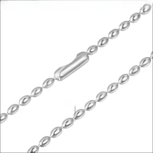 Detail view of 3.2mm silver titanium steel beaded chain necklace with sleek metal link