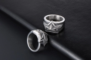 Macro view of stainless steel star rings featuring intricate radial line engravings