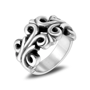Retro vintage engraved titanium steel ring with gothic style floral pattern on white background