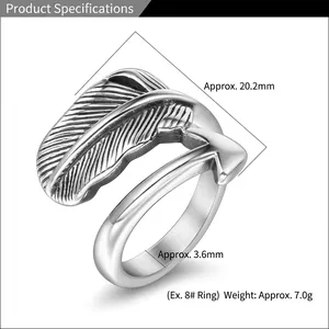 Titanium steel feather and arrow ring for men and women featuring a vintage silver finish