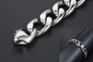 Detailed view of silver stainless steel Cuban link bracelet with secure side-press clasp