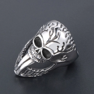 Punk style stainless steel skull ring with long tongue design and matte silver finish