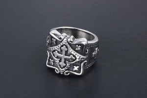 Detailed view of vintage Gothic stainless steel ring with embossed cross and textured finish