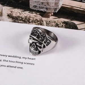 Punk vintage stainless steel skull ring with captain hat detail in gothic rocker style