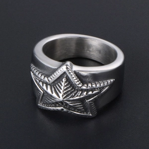 Polished stainless steel star ring with engraved texture in a punk rock fashion style