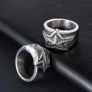 Vintage stainless steel star rings set with star relief on black leather background