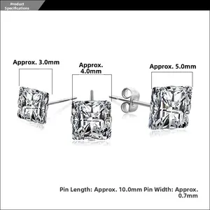Three sizes of square princess cut stud earrings in 3mm 4mm and 5mm diameter