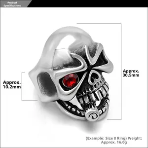 Punk skull ring with red eye gem details, technical view with dimensions 30.5mm and 10.2mm
