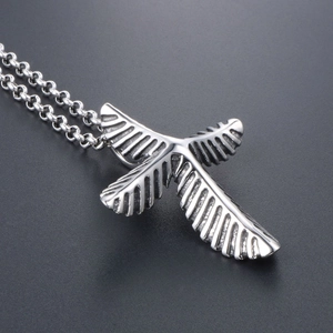 Vintage stainless steel leaf cross pendant necklace with textured palm leaf details