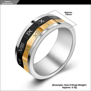 Détail de la bague tricolore en acier inoxydable avec chiffres romains gravés