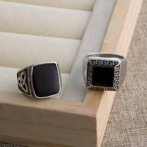 Vintage stainless steel men's ring with square black gemstone and Celtic patterns
