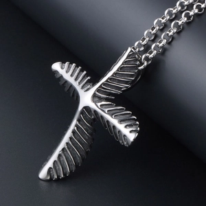Vintage stainless steel cross feather pendant necklace with silver O-chain for men and women