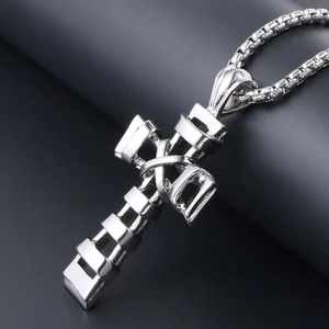 Polished silver titanium steel cross pendant necklace with modern layered 3D design