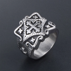 Vintage stainless steel gothic cross ring with intricate relief on a matte grey background