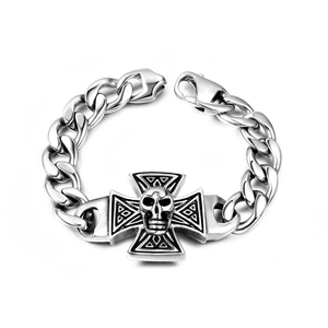 Gothic Men Titanium Steel Skull Cross Cuban Link Bracelet Retro Biker Polished Silver Tone Heavy Wristband Jewelry Gift