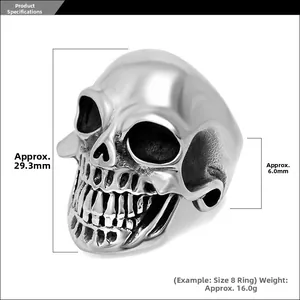 Paramètres de taille de la bague tête de mort indiquant hauteur 29,3mm et largeur 6,0mm