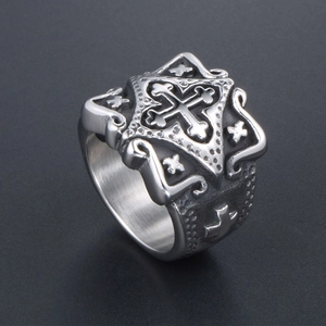 Vintage stainless steel gothic cross ring with embossed detailing and a retro finish