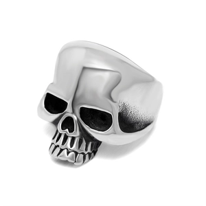 Polished silver skull ring for men in retro stainless steel with blackened details