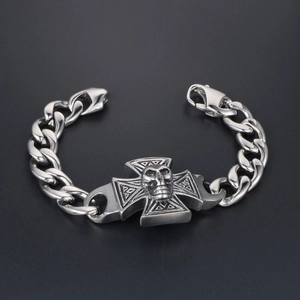 Gothic punk men's titanium steel chain bracelet with silver skull cross plaque