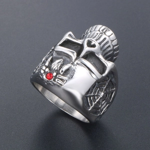 Retro gothic skull ring in vintage silver with red zircon and spider web engravings